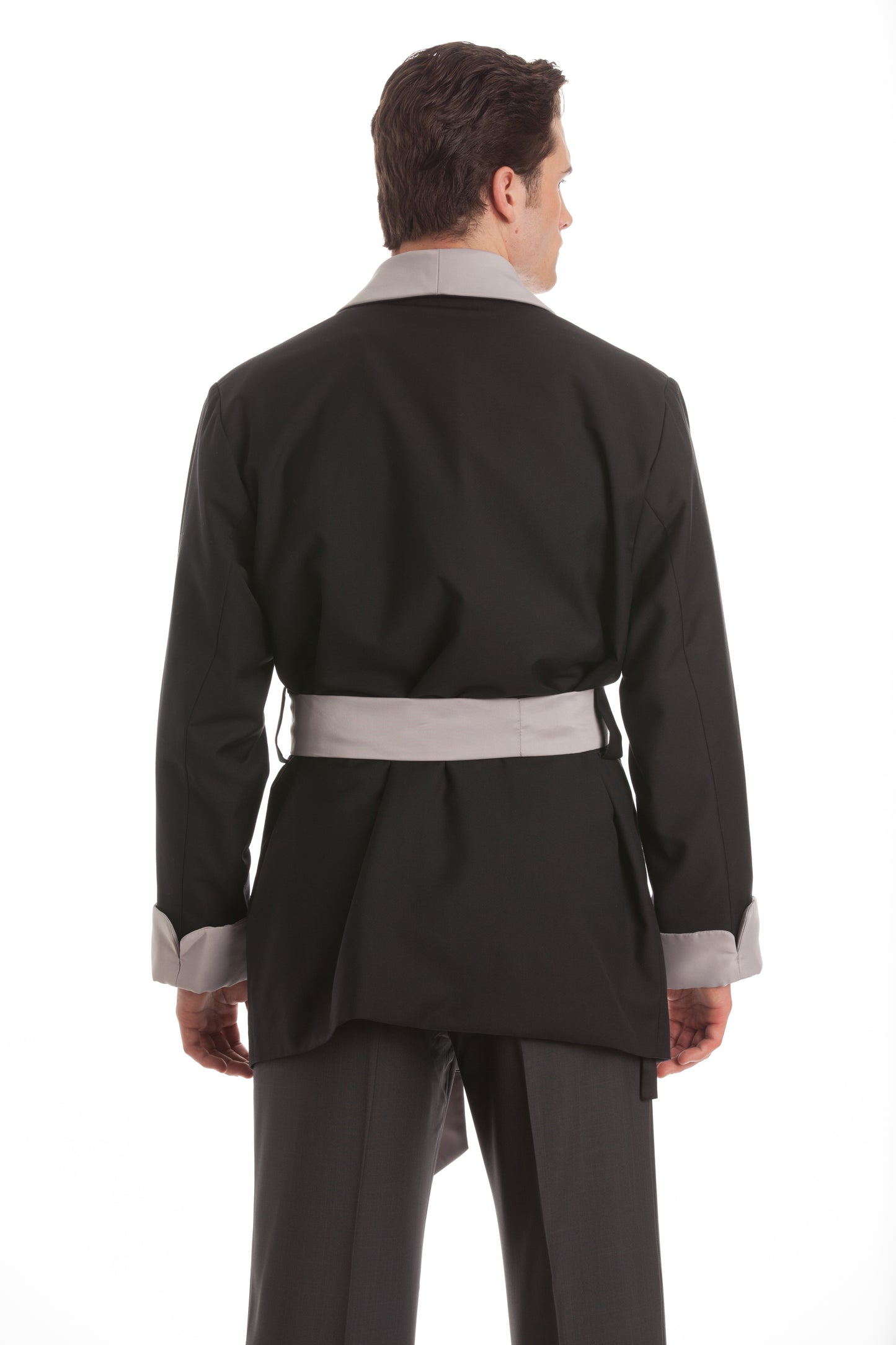 Satin Smoking Jacket - Black with Gray