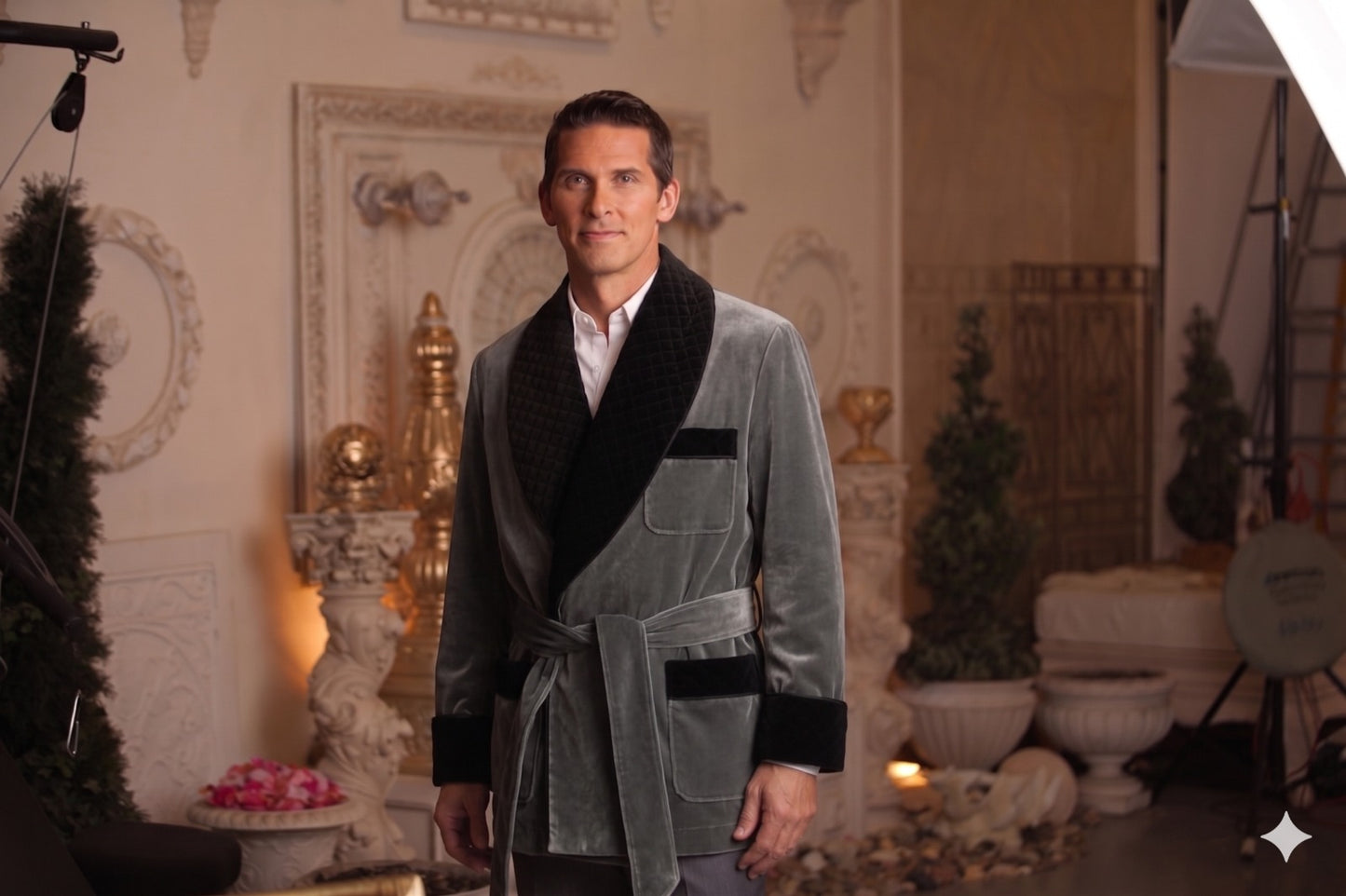 Men's Grey Velvet Smoking Jacket with Black Quilted Collar
