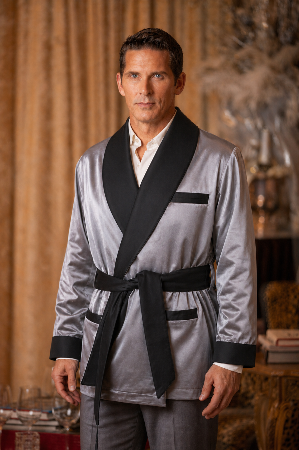 Men's Grey Satin Smoking Jacket with Black Collar