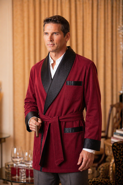 Men's Burgundy Velvet Smoking Jacket with Black Quilted Collar
