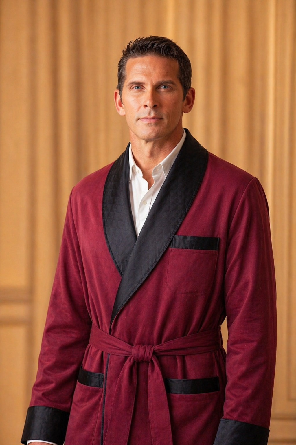 Men's Burgundy Velvet Smoking Jacket with Black Quilted Collar