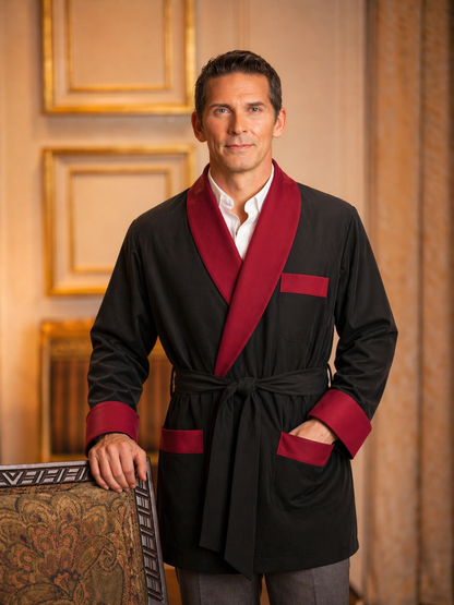 Satin Smoking Jacket - Black with Burgundy collar