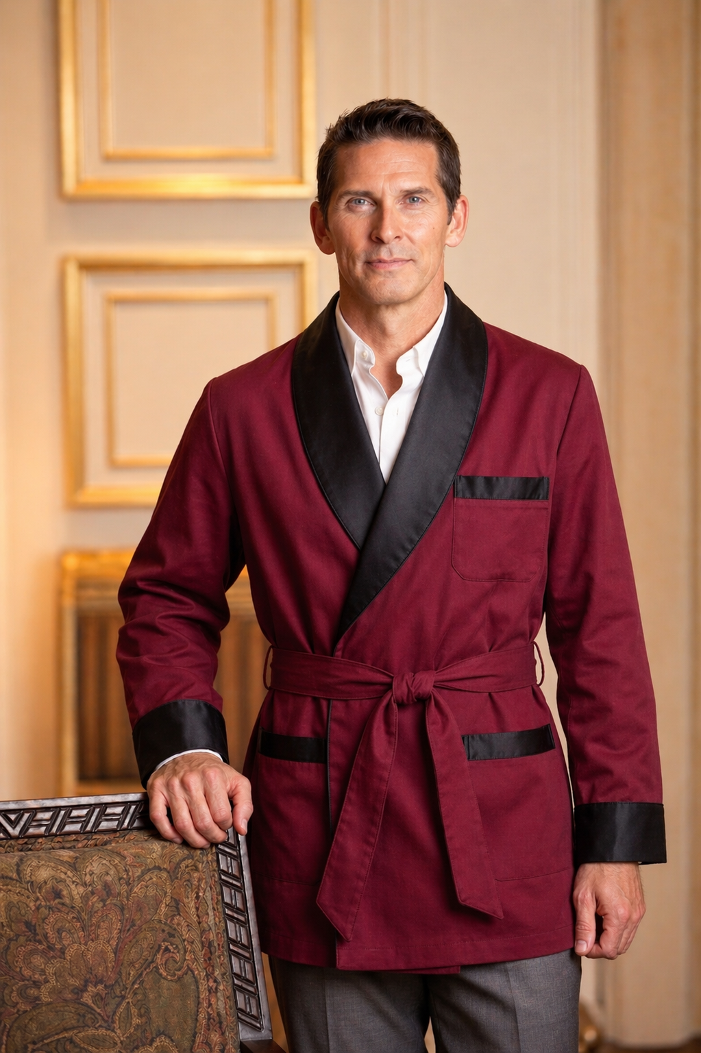 Men's Burgundy Velvet Smoking Jacket with Black Quilted Collar