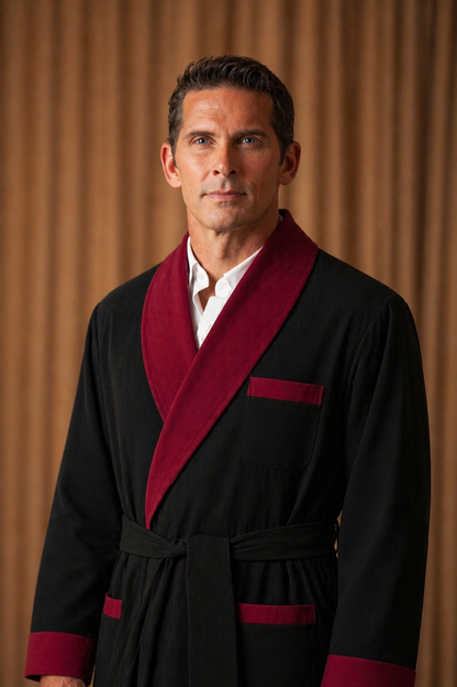 Satin Smoking Jacket - Black with Burgundy collar