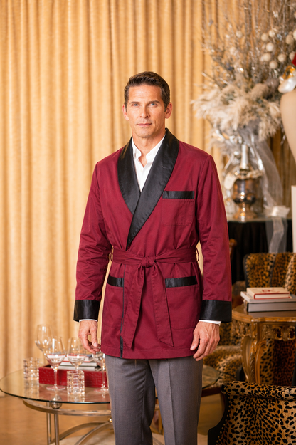 Men's Burgundy Velvet Smoking Jacket with Black Quilted Collar