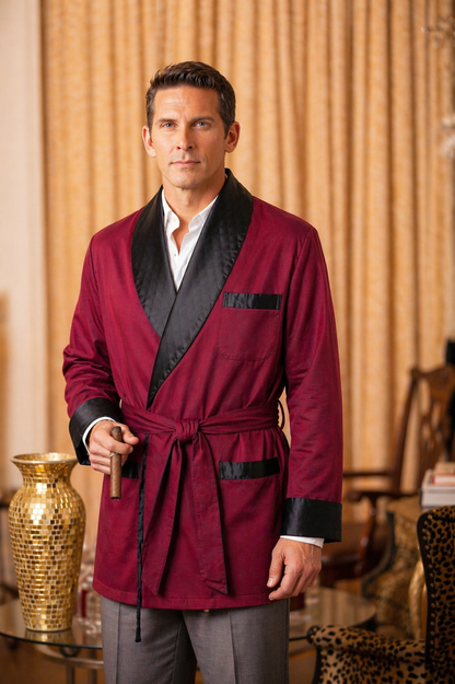 Men's Burgundy Velvet Smoking Jacket with Black Quilted Collar