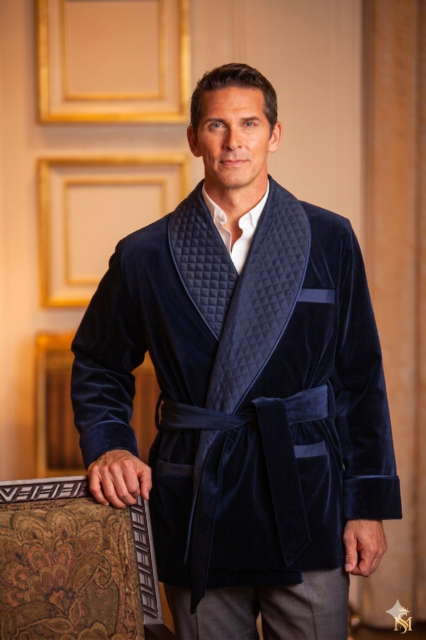 Men's Navy Velvet Smoking Jacket with Blue Piping
