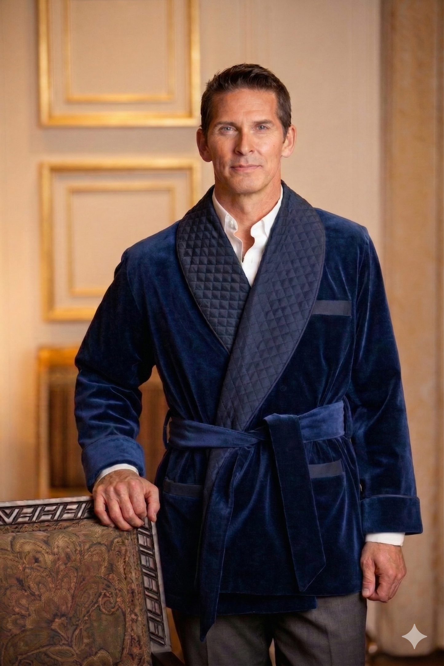 Men's Navy Velvet Smoking Jacket with Blue Piping