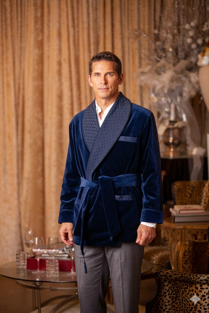 Men's Navy Velvet Smoking Jacket with Blue Piping