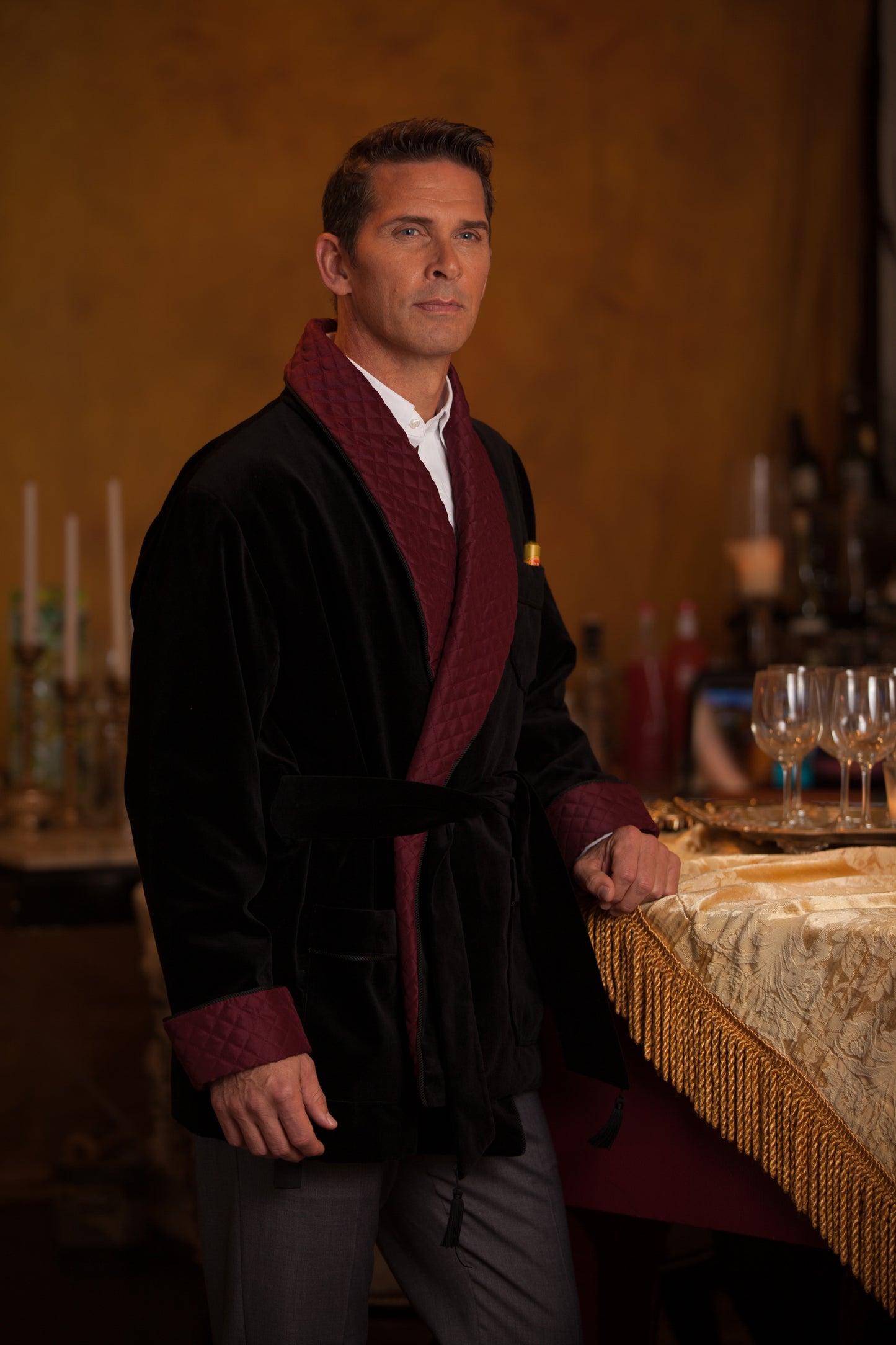 Men's Black Velvet Smoking Jacket with Burgundy Quilted Collar