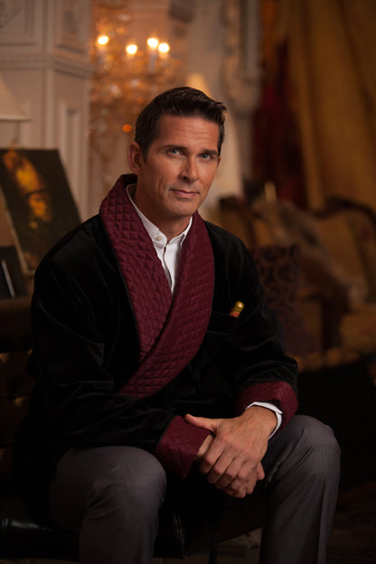 Men's Black Velvet Smoking Jacket with Burgundy Quilted Collar