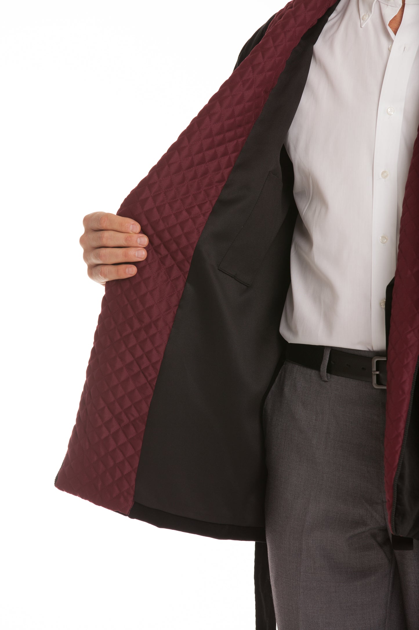 Men's Black Velvet Smoking Jacket with Burgundy Quilted Collar