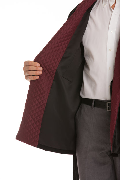 Men's Black Velvet Smoking Jacket with Burgundy Quilted Collar