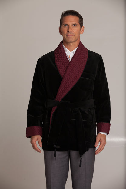 Men's Black Velvet Smoking Jacket with Burgundy Quilted Collar