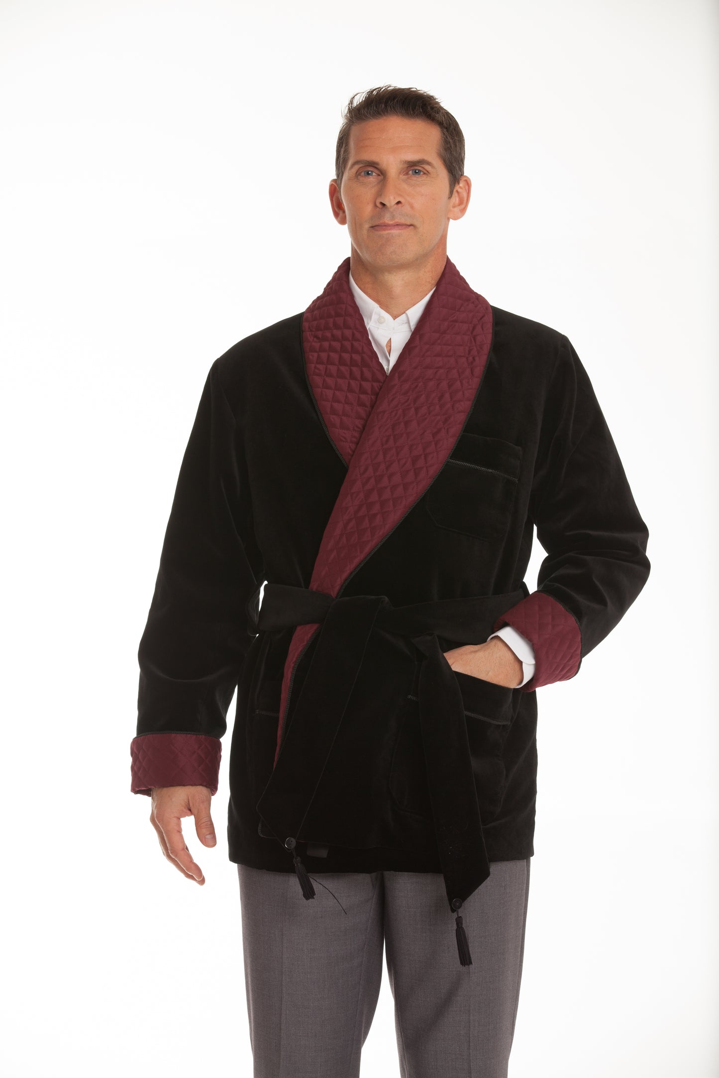 Men's Black Velvet Smoking Jacket with Burgundy Quilted Collar