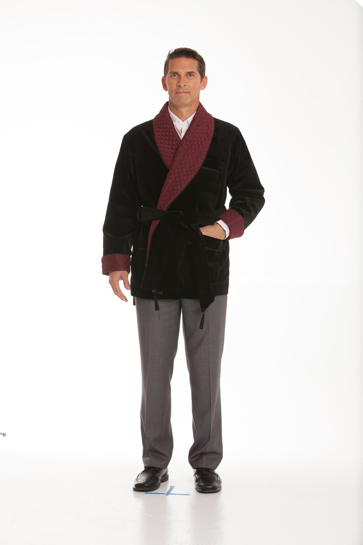 Men's Black Velvet Smoking Jacket with Burgundy Quilted Collar