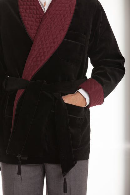 Men's Black Velvet Smoking Jacket with Burgundy Quilted Collar