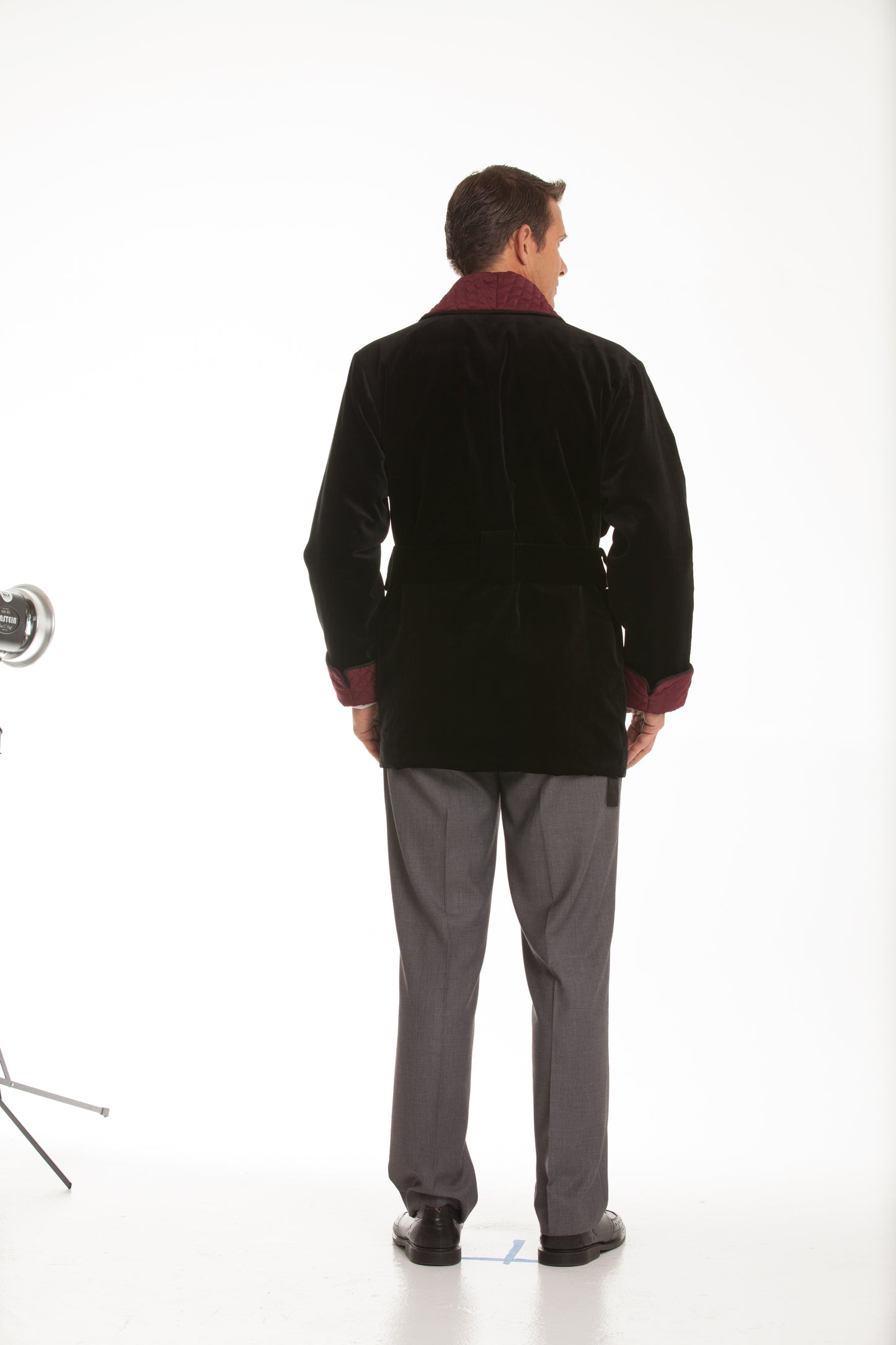 Men's Black Velvet Smoking Jacket with Burgundy Quilted Collar