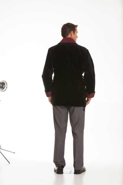 Men's Black Velvet Smoking Jacket with Burgundy Quilted Collar