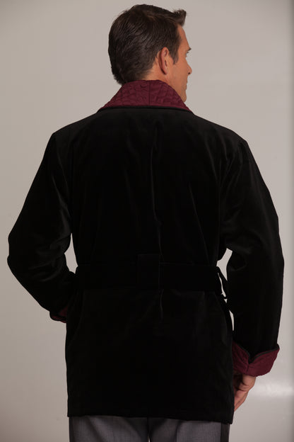 Men's Black Velvet Smoking Jacket with Burgundy Quilted Collar