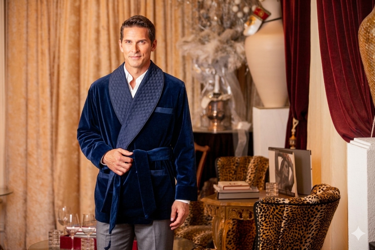 Men's Navy Velvet Smoking Jacket with Blue Piping