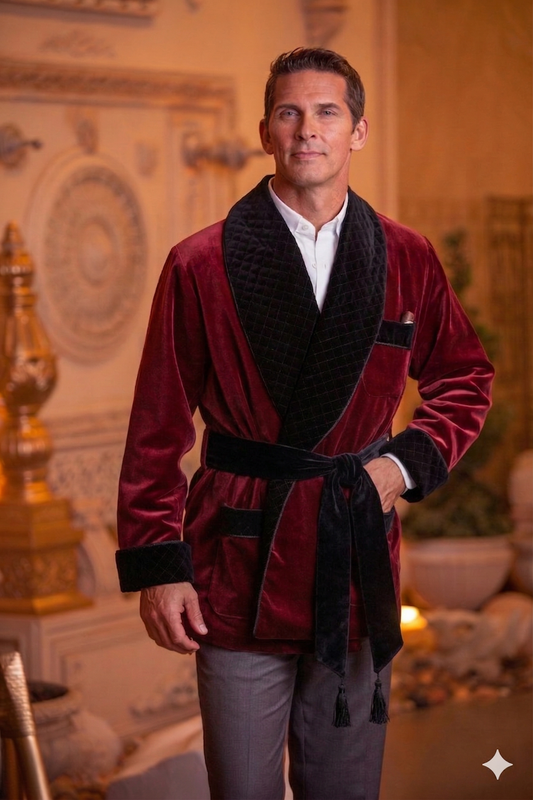 Velvet Smoking Jacket – Burgundy with Black  Collar
