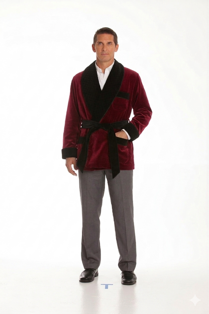 Velvet Smoking Jacket – Burgundy with Black  Collar
