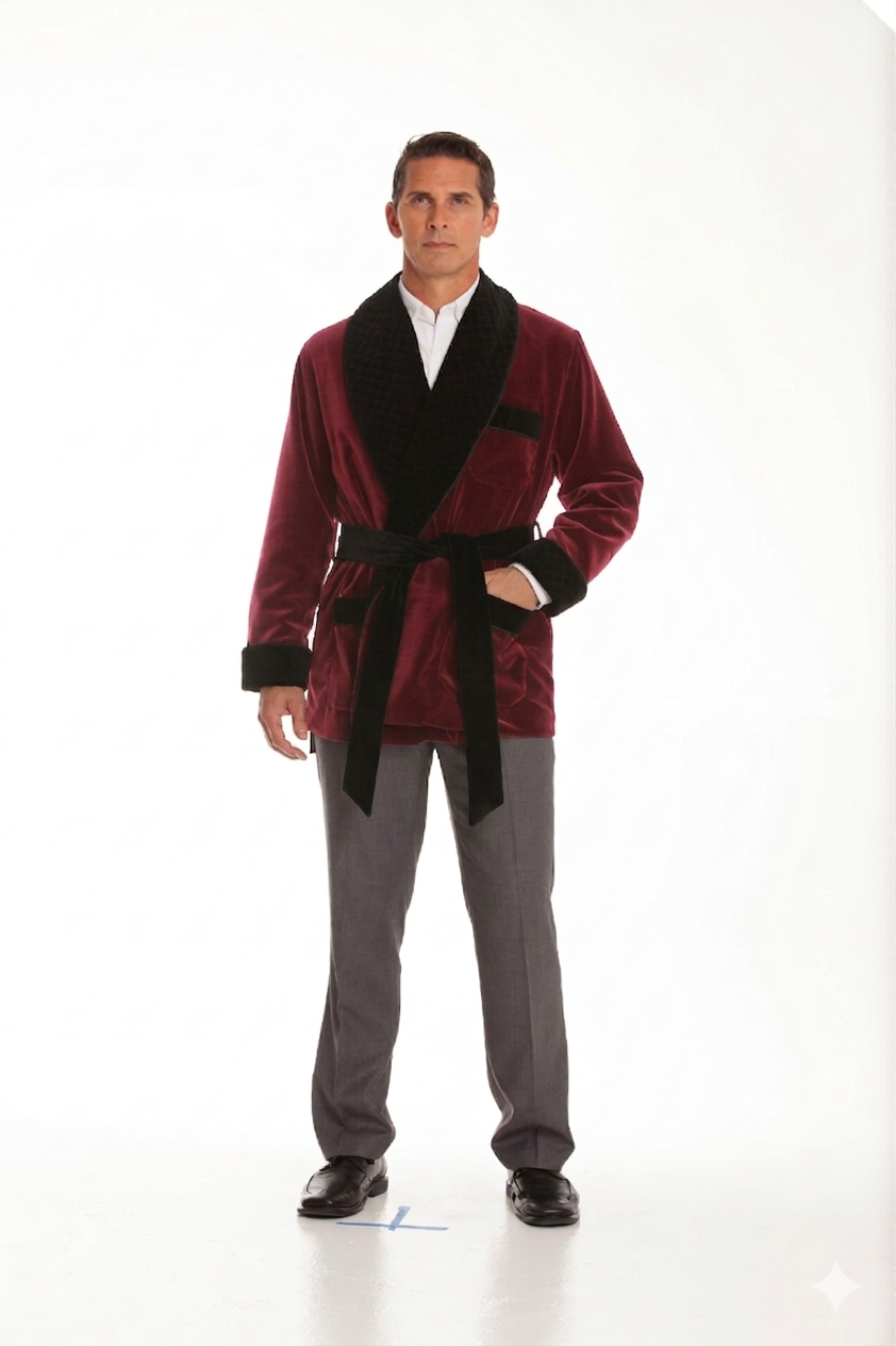 Velvet Smoking Jacket – Burgundy with Black  Collar