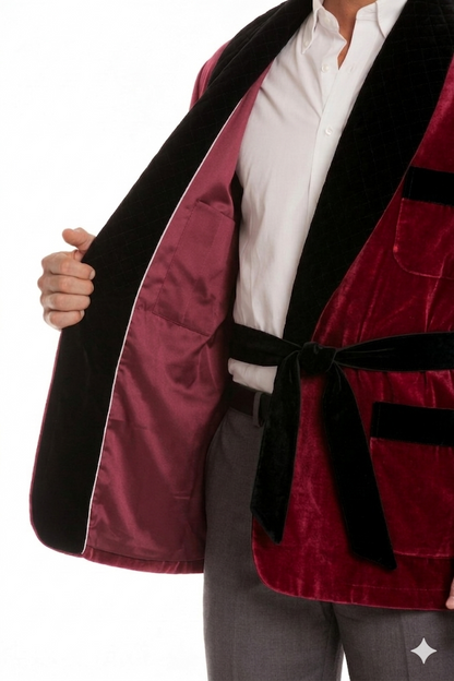 Velvet Smoking Jacket – Burgundy with Black  Collar