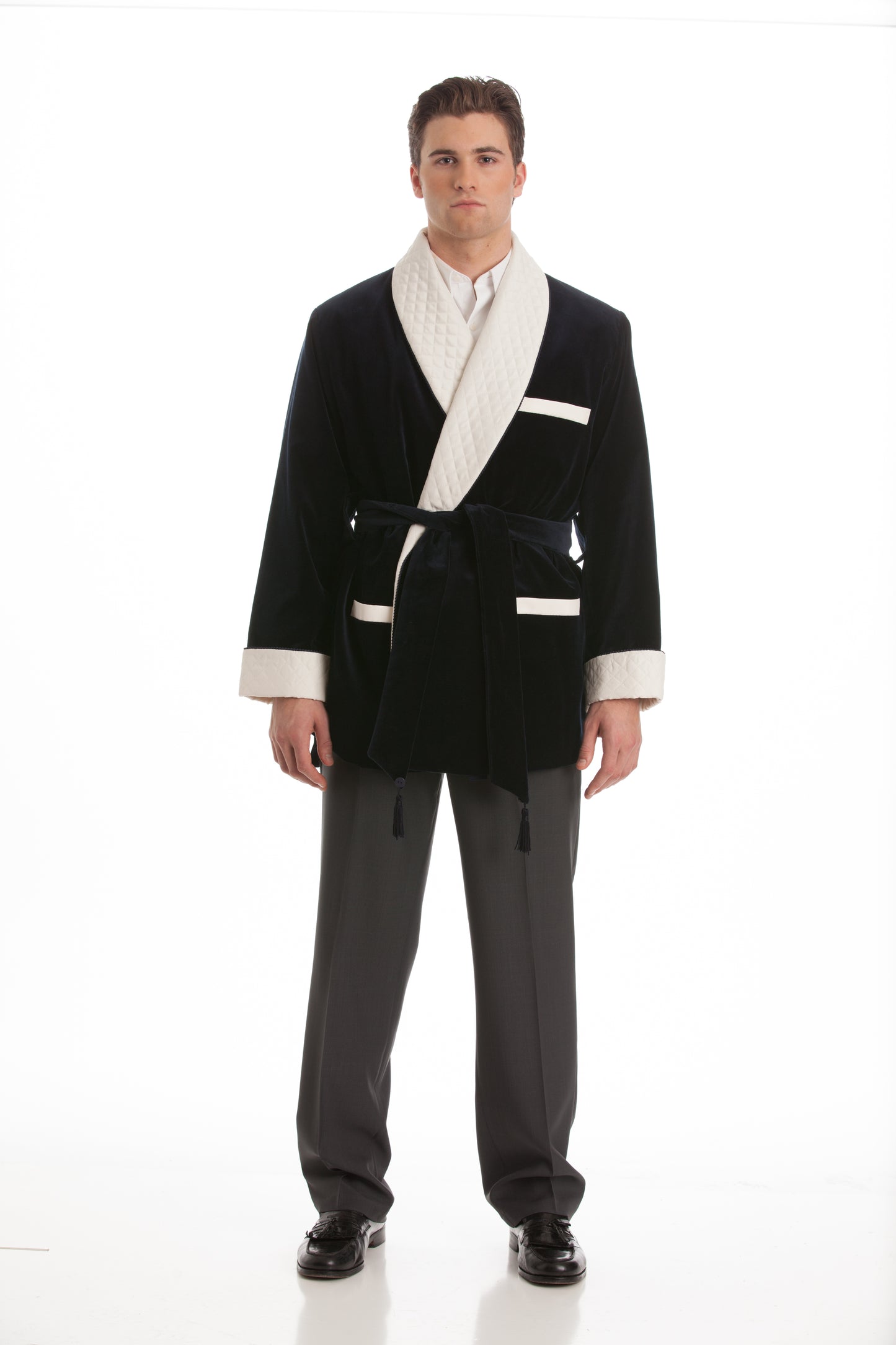Men's Black Velvet Smoking Jacket with White Quilted Collar