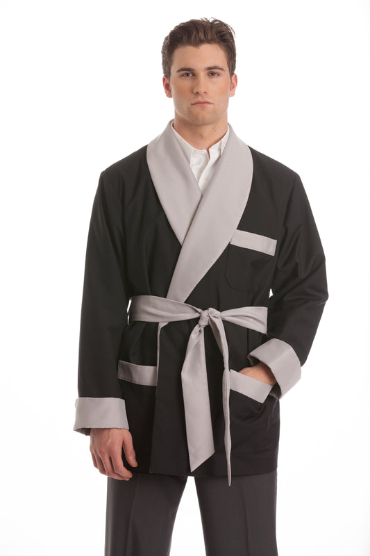 Satin Smoking Jacket - Black with Gray