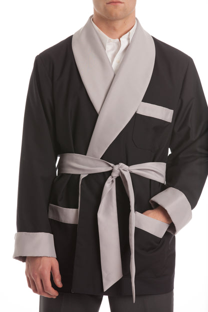 Satin Smoking Jacket - Black with Gray