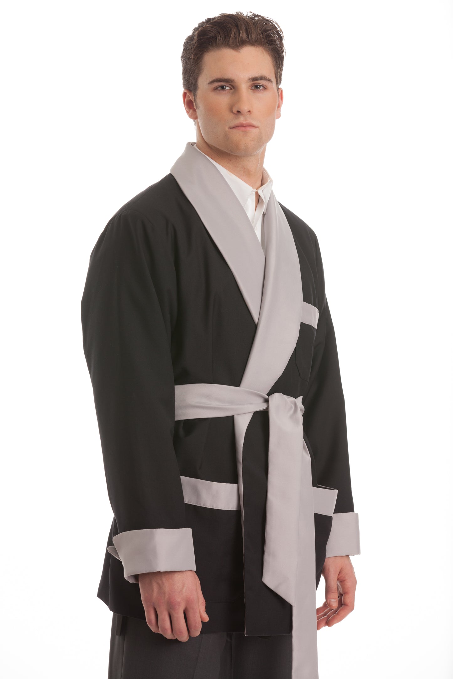 Satin Smoking Jacket - Black with Gray