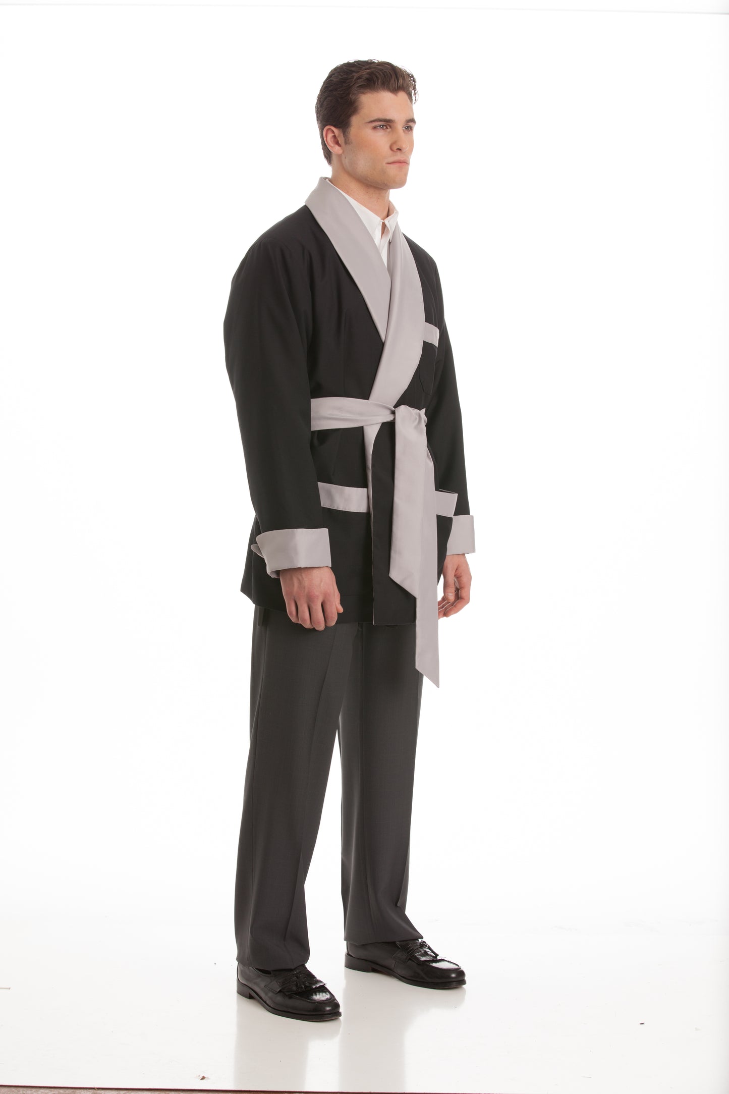 Satin Smoking Jacket - Black with Gray