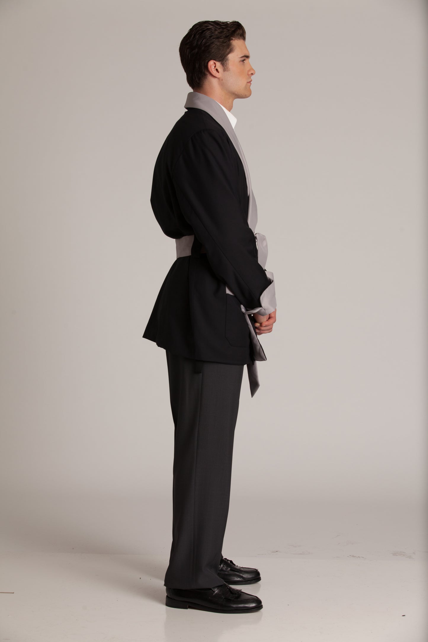 Satin Smoking Jacket - Black with Gray