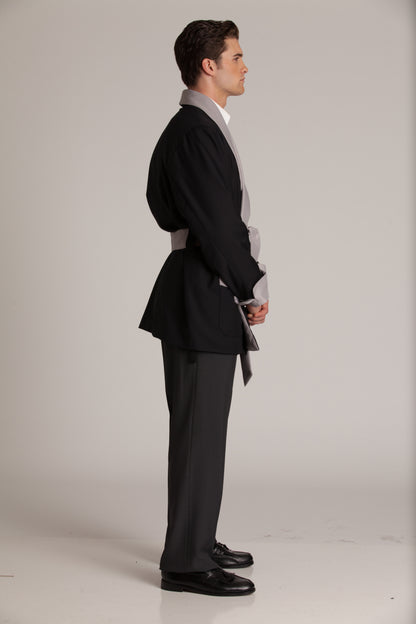Satin Smoking Jacket - Black with Gray