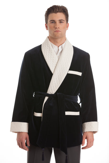 Men's Black Velvet Smoking Jacket with White Quilted Collar