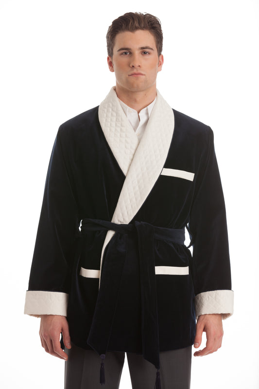 Men's Black Velvet Smoking Jacket with White Quilted Collar