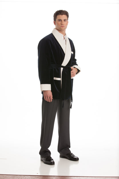 Men's Black Velvet Smoking Jacket with White Quilted Collar