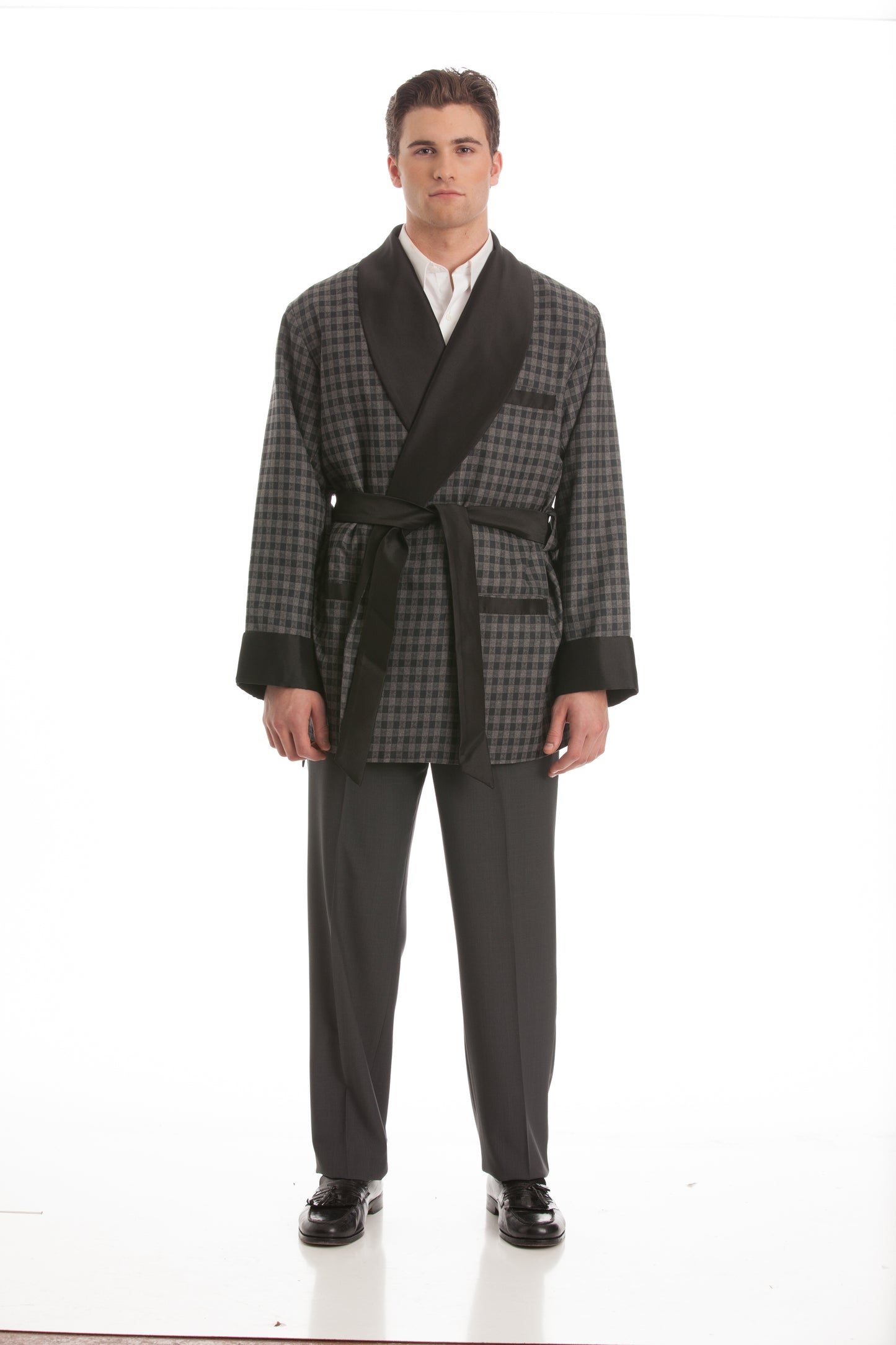 Wool Smoking Jacket - Gray Houndstooth with Black Collar