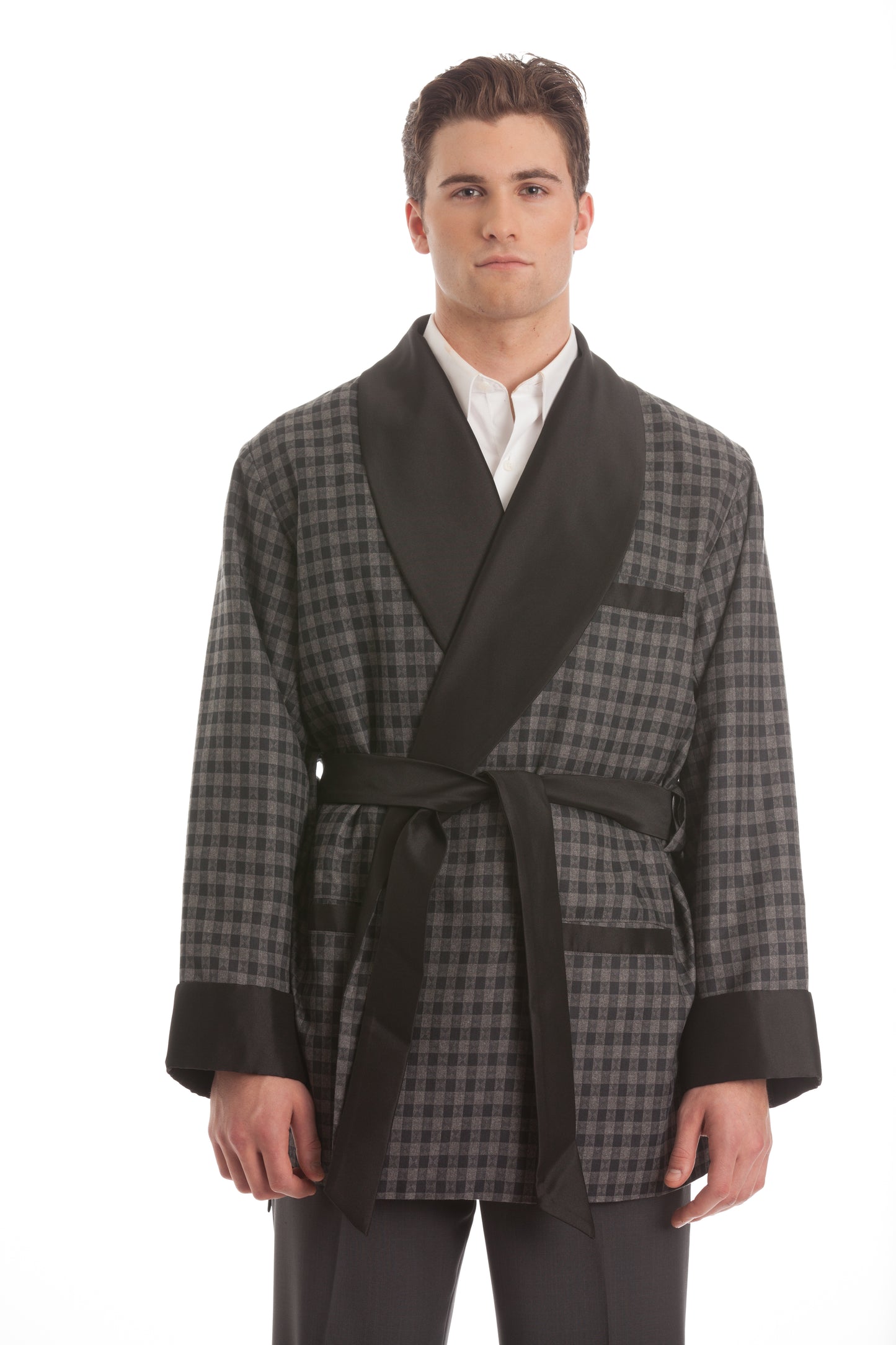 Wool Smoking Jacket - Gray Houndstooth with Black Collar