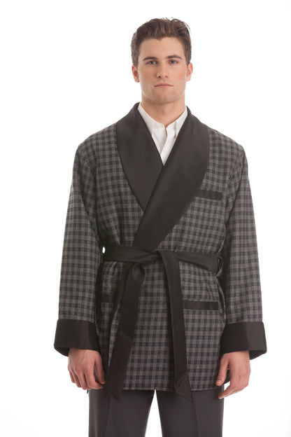 Wool Smoking Jacket - Gray Houndstooth with Black Collar