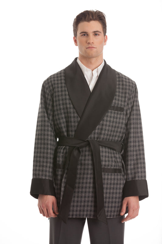 Wool Smoking Jacket - Gray Houndstooth with Black Collar