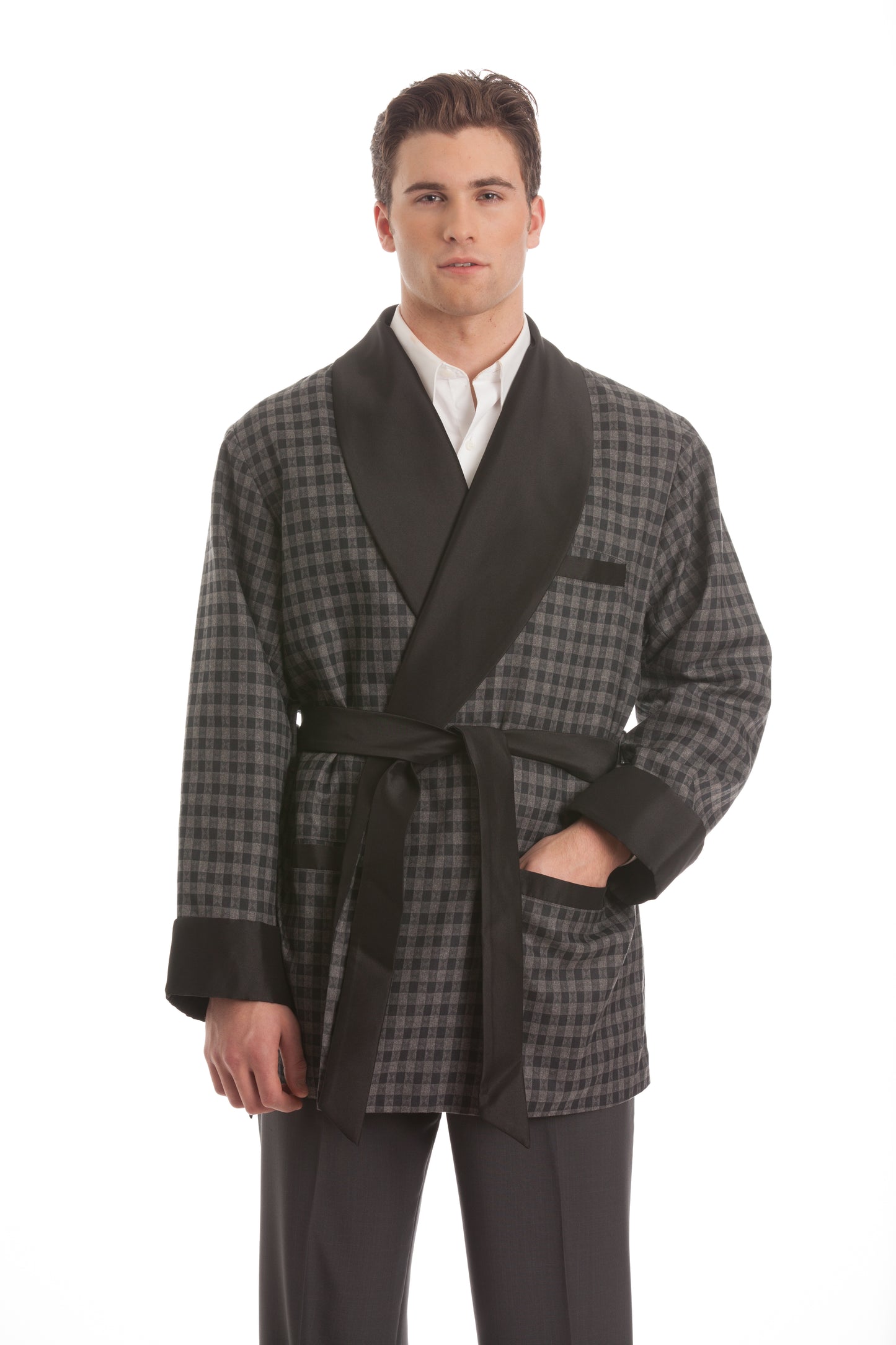 Wool Smoking Jacket - Gray Houndstooth with Black Collar