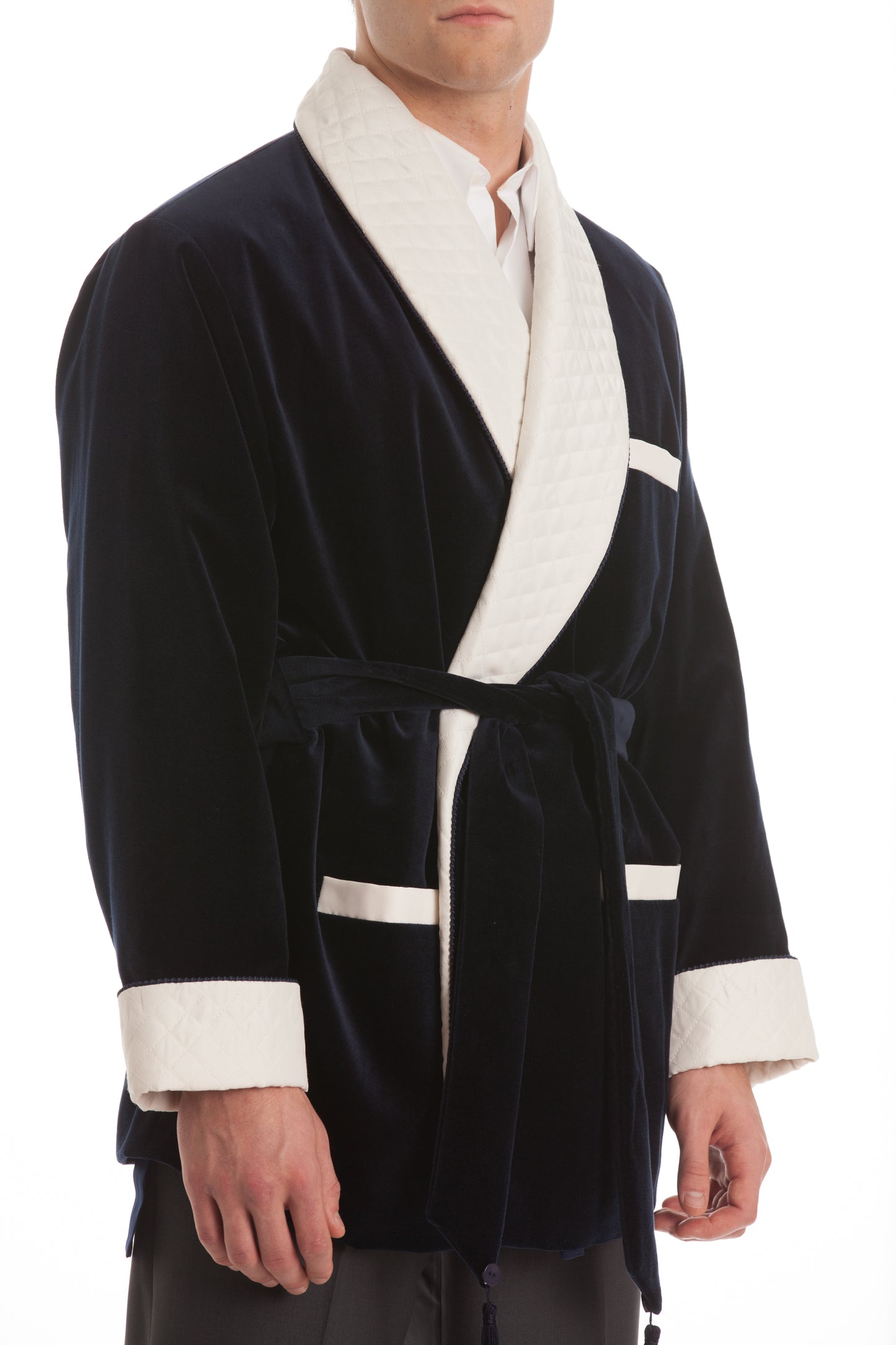 Men's Black Velvet Smoking Jacket with White Quilted Collar