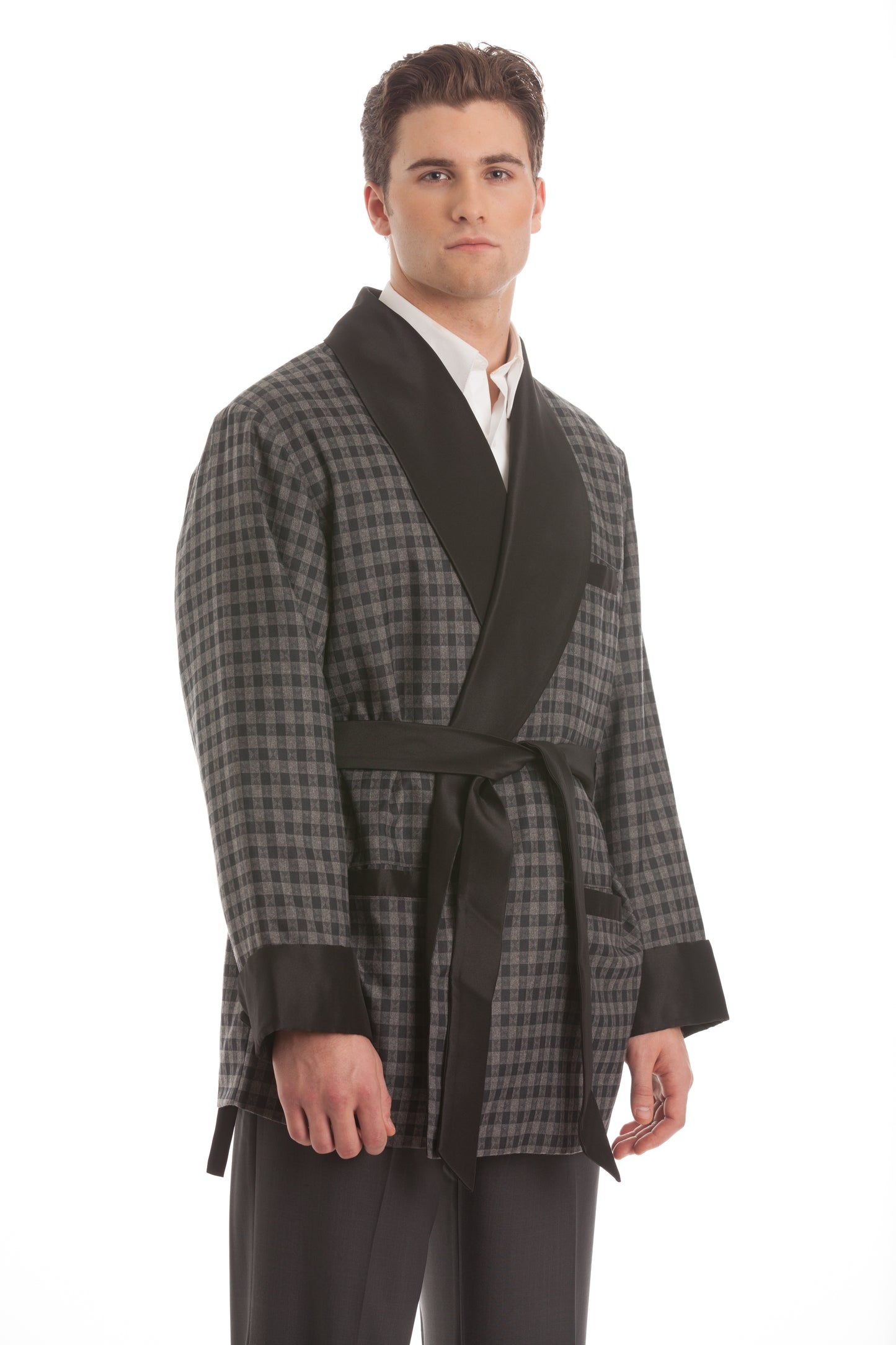 Wool Smoking Jacket - Gray Houndstooth with Black Collar