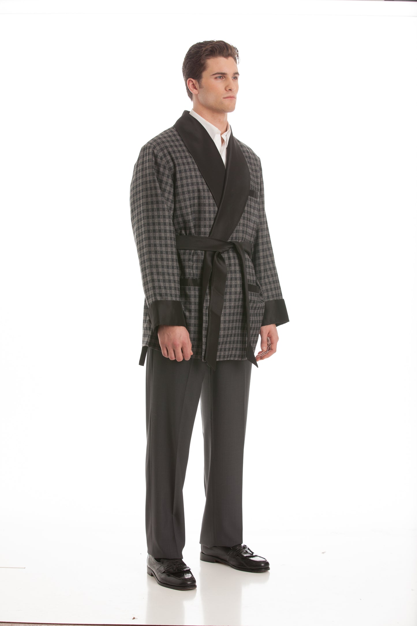 Wool Smoking Jacket - Gray Houndstooth with Black Collar