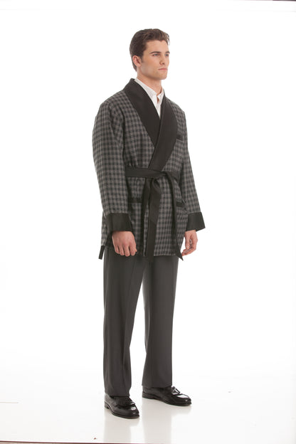 Wool Smoking Jacket - Gray Houndstooth with Black Collar