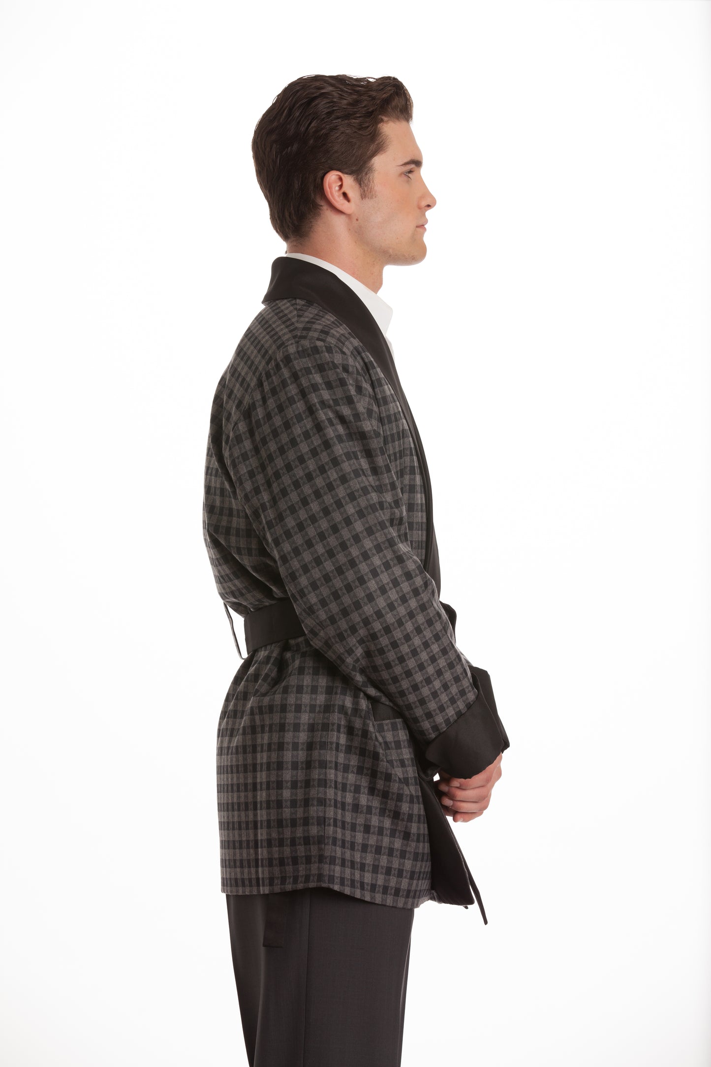Wool Smoking Jacket - Gray Houndstooth with Black Collar