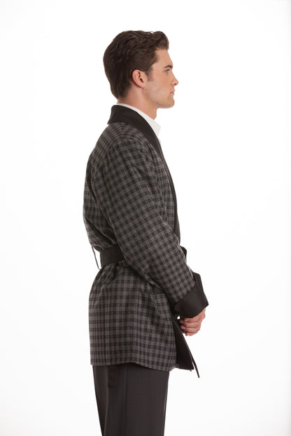Wool Smoking Jacket - Gray Houndstooth with Black Collar